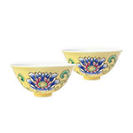 Product info: 手繪黃地番蓮對杯